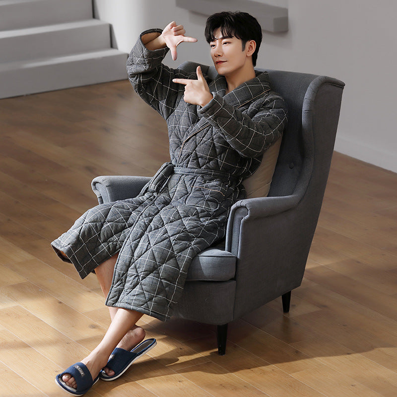 Simple Thick Cotton Long-sleeved Men’s Pajamas - F / L