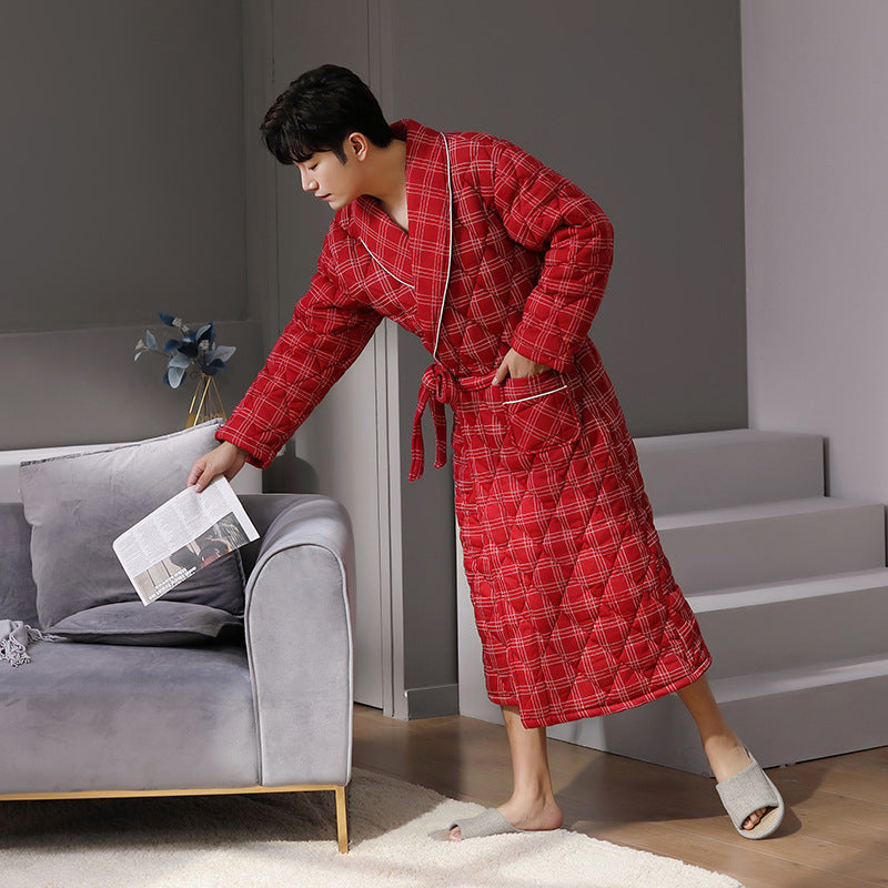 Simple Thick Cotton Long-sleeved Men’s Pajamas - G / L