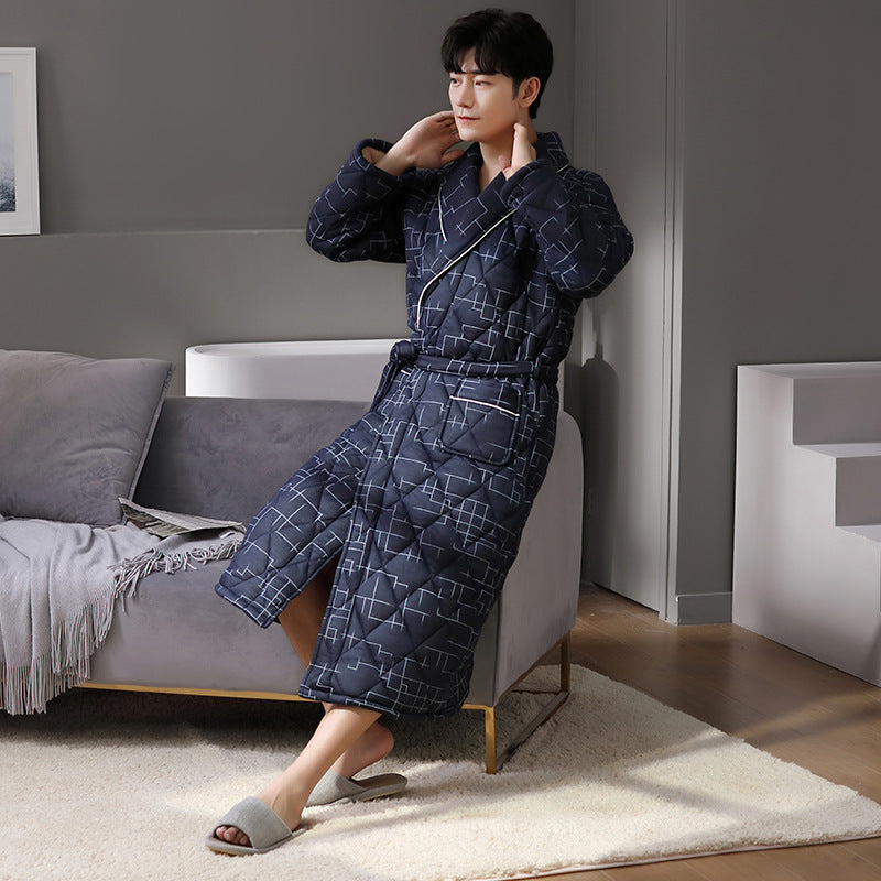 Simple Thick Cotton Long-sleeved Men’s Pajamas - J / L