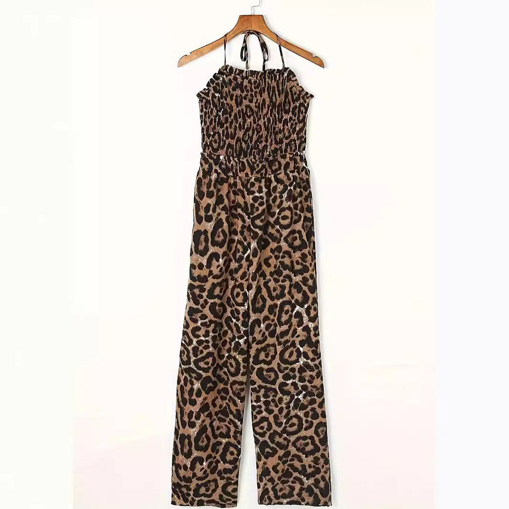 Women’s Leopard Print Halter Backless Jumpsuit