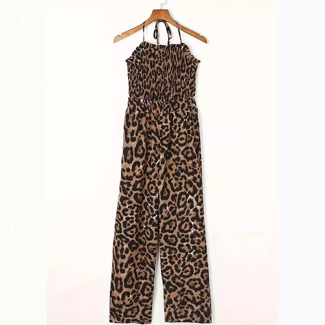 Women’s Leopard Print Halter Backless Jumpsuit