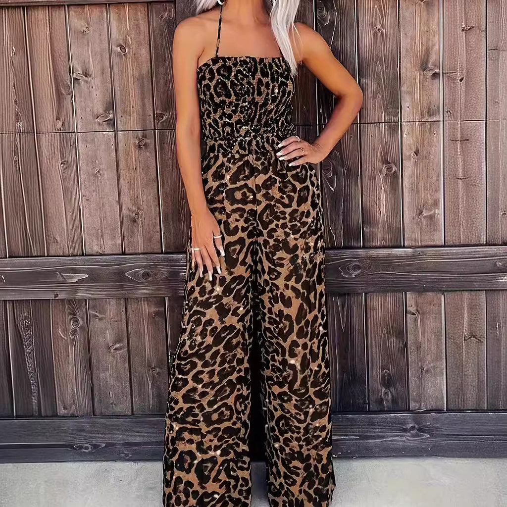 Women’s Leopard Print Halter Backless Jumpsuit