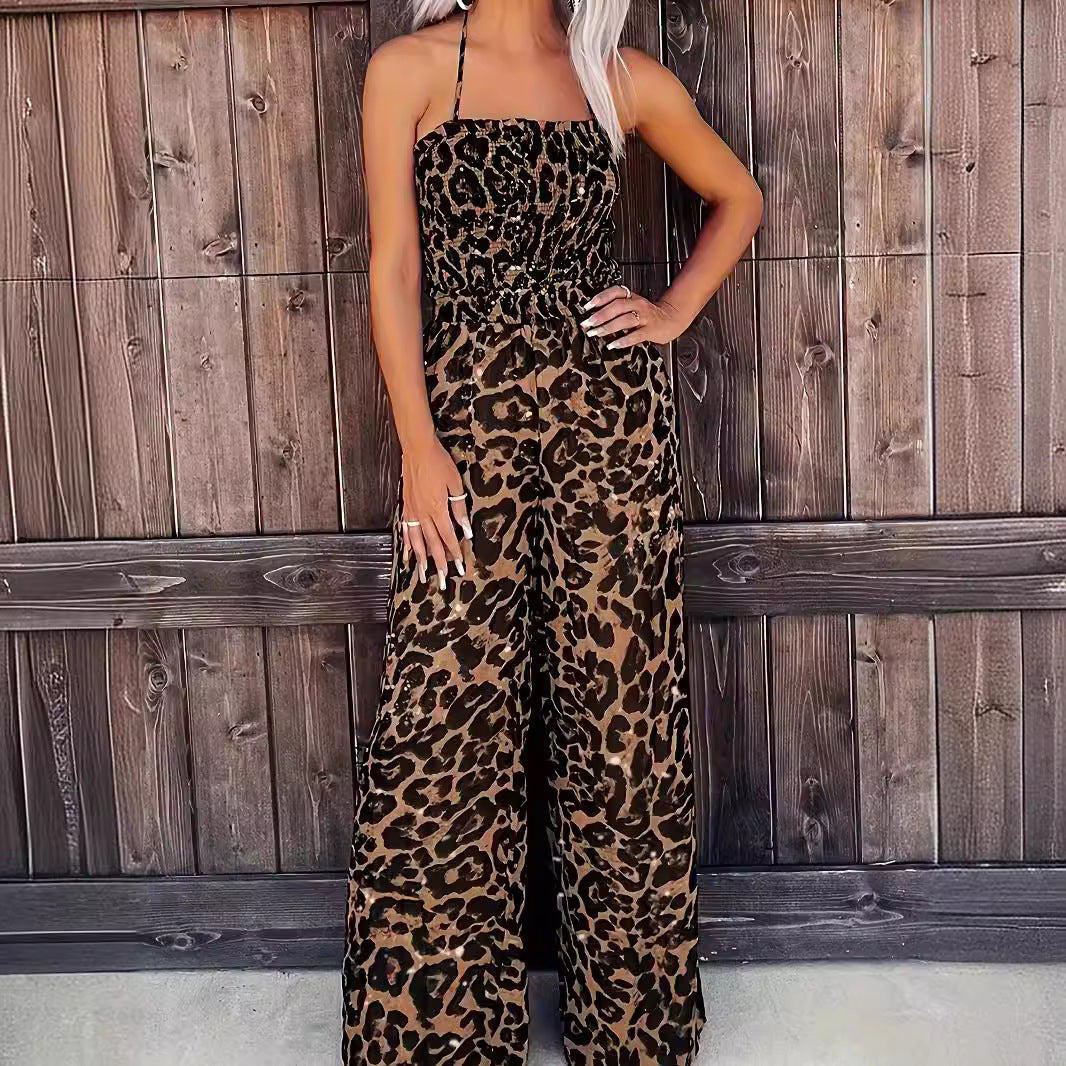 Women’s Leopard Print Halter Backless Jumpsuit