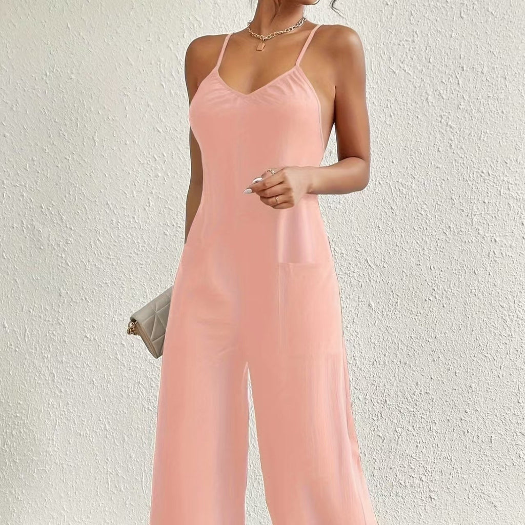 Ladies’ Solid Color Chest Pleated Design Cross Suspender Sexy Jumpsuit - 5