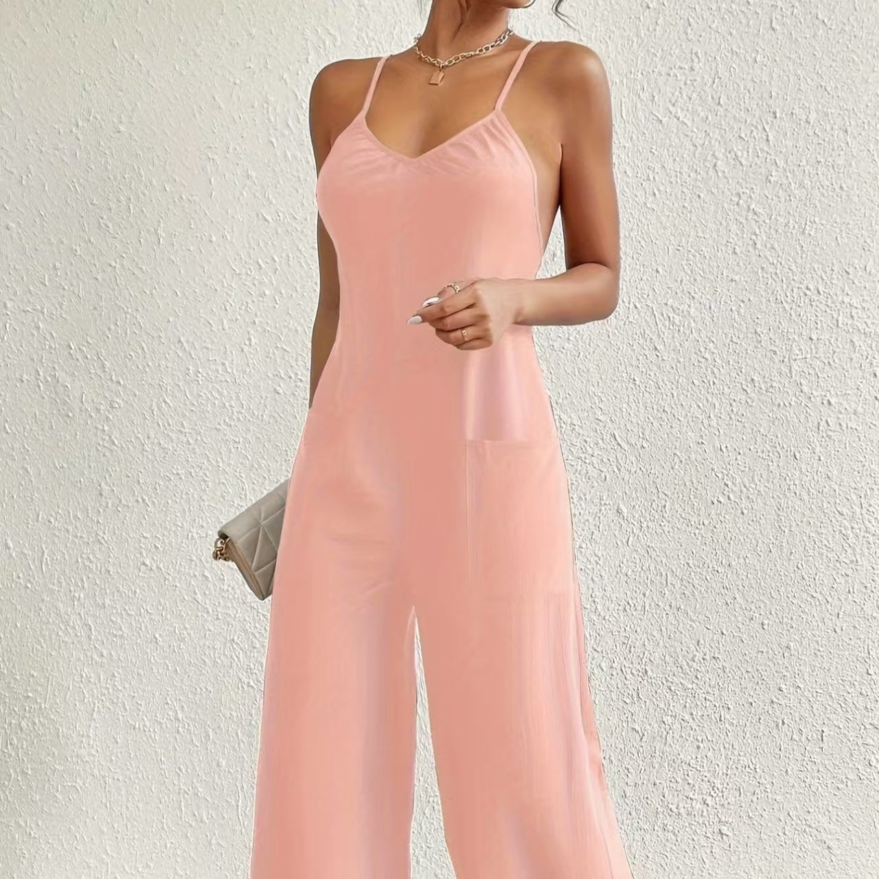 Ladies’ Solid Color Chest Pleated Design Cross Suspender Sexy Jumpsuit - 5