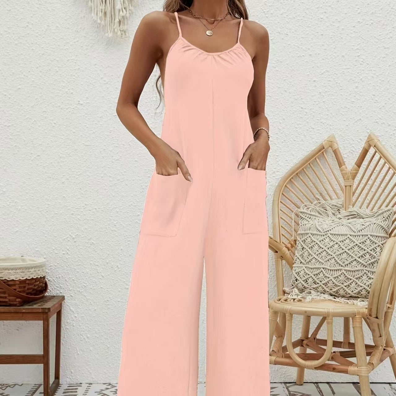 Ladies’ Solid Color Chest Pleated Design Cross Suspender Sexy Jumpsuit - 5