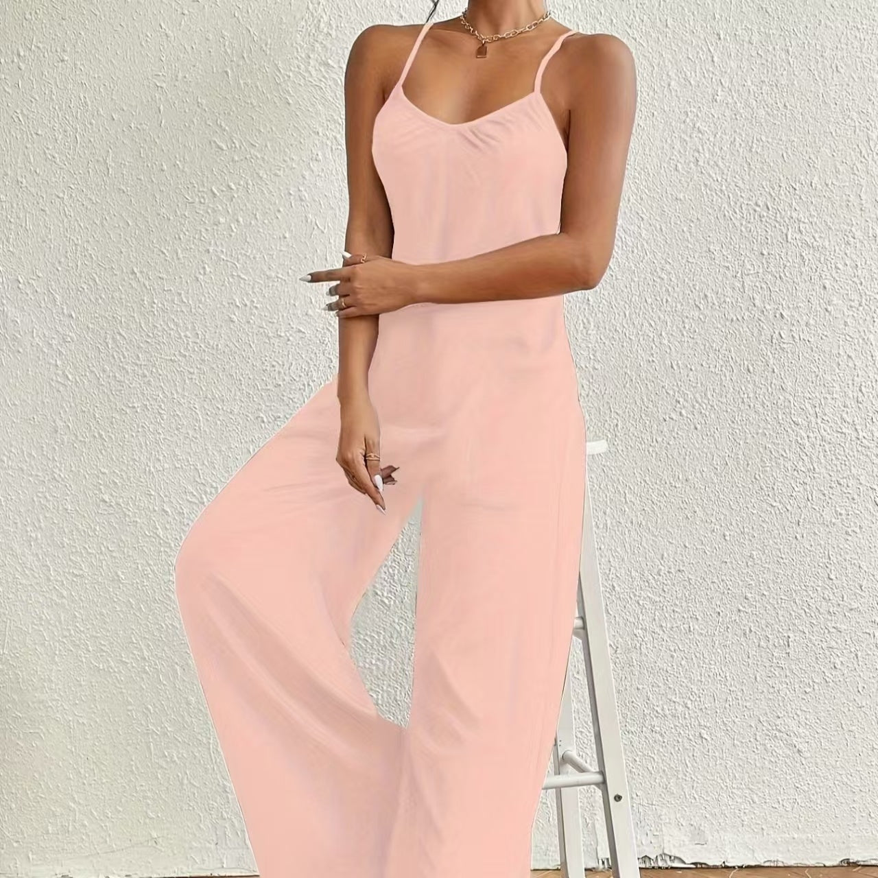Ladies’ Solid Color Chest Pleated Design Cross Suspender Sexy Jumpsuit - 5