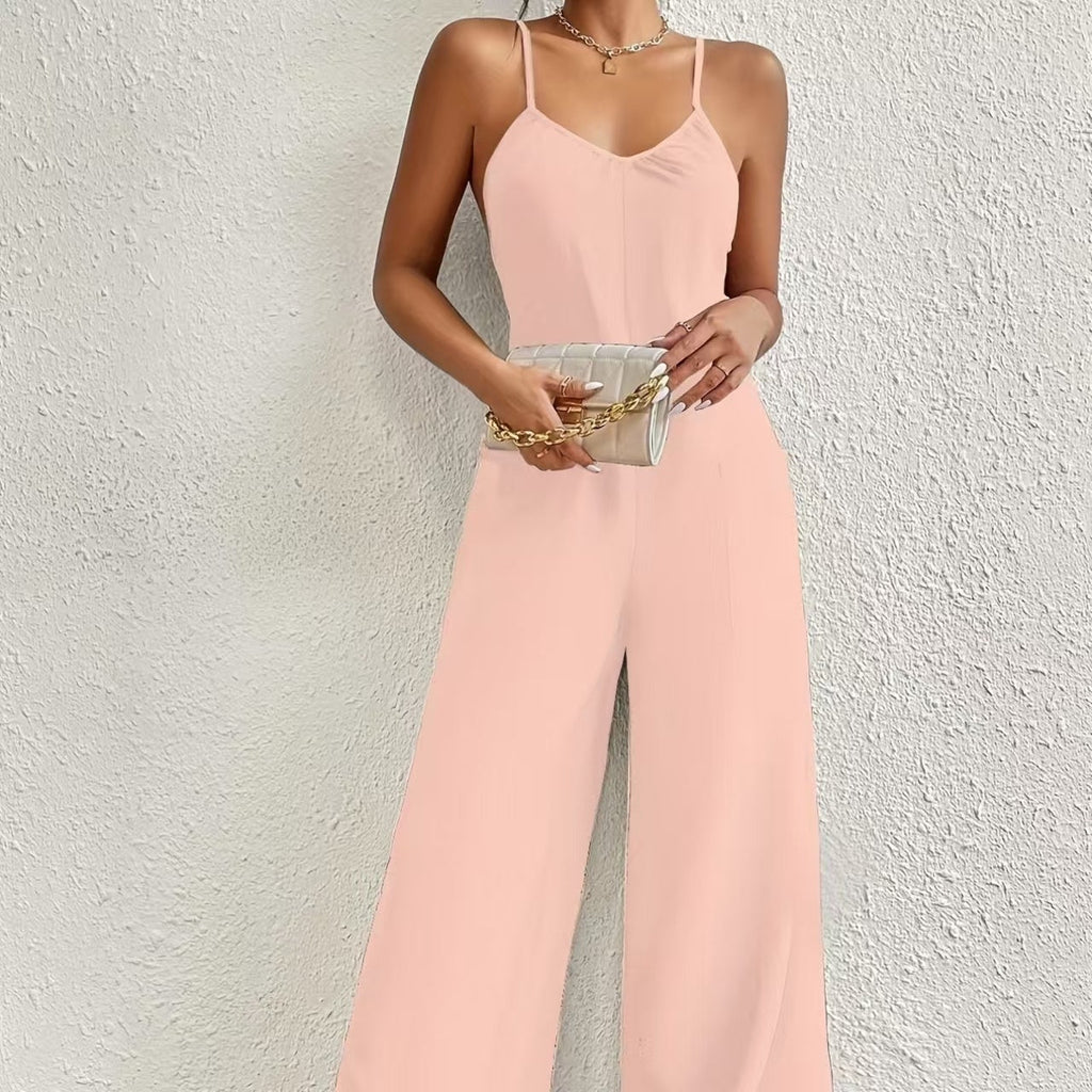 Ladies’ Solid Color Chest Pleated Design Cross Suspender Sexy Jumpsuit - 5
