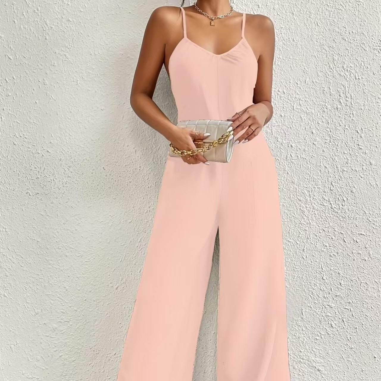Ladies’ Solid Color Chest Pleated Design Cross Suspender Sexy Jumpsuit - 5