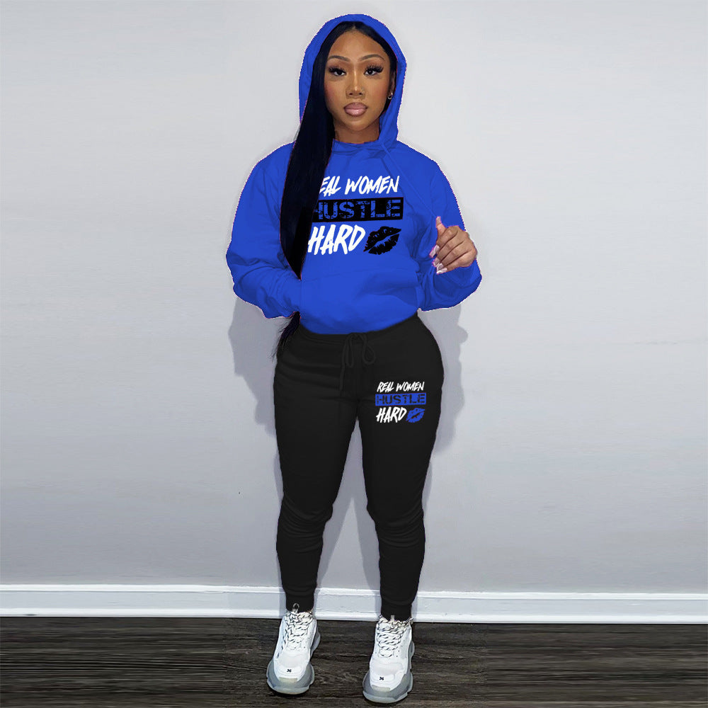 Plus Velvet Hoodie Casual Printed Sports Suit - Blue Black / S
