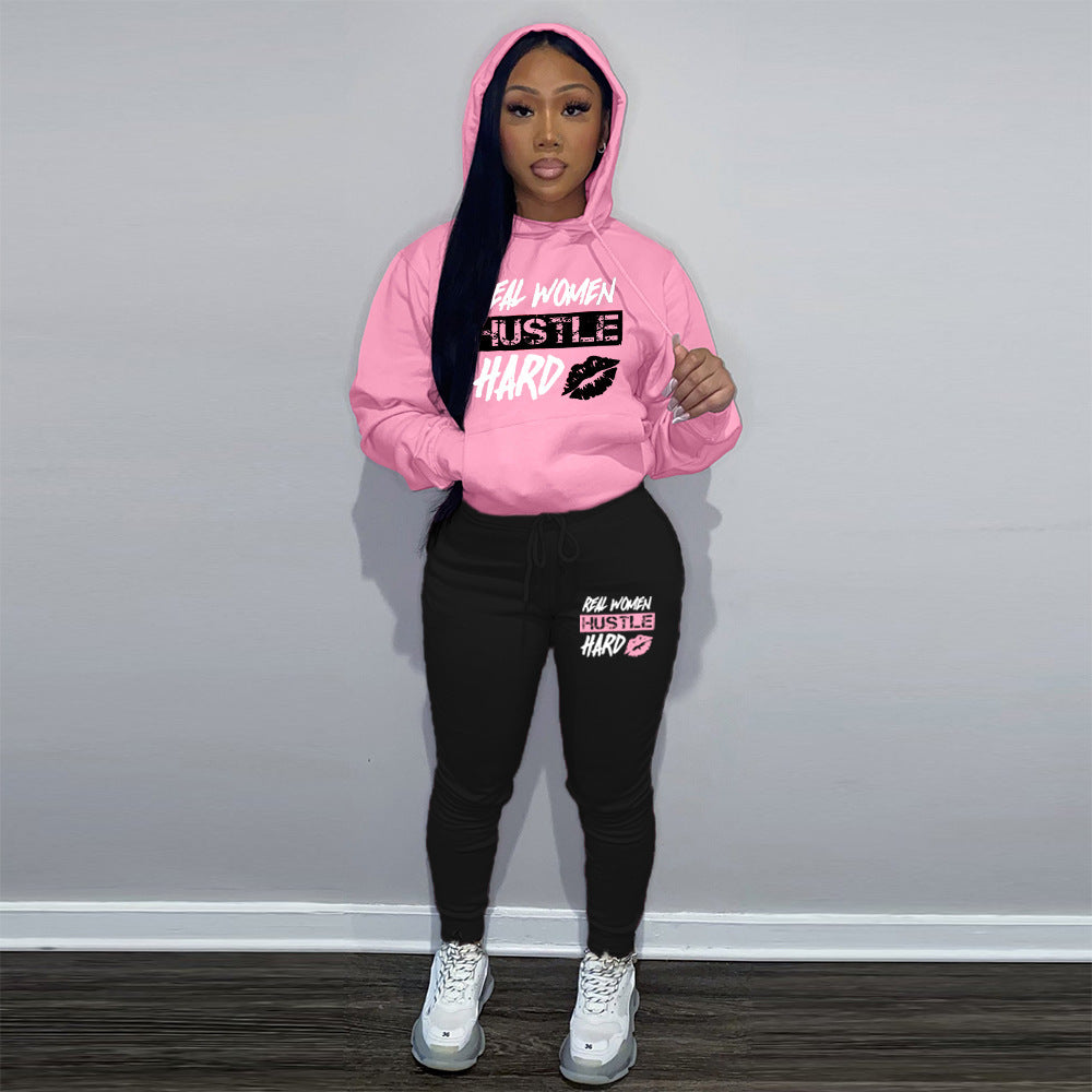 Plus Velvet Hoodie Casual Printed Sports Suit - Pink Black / S