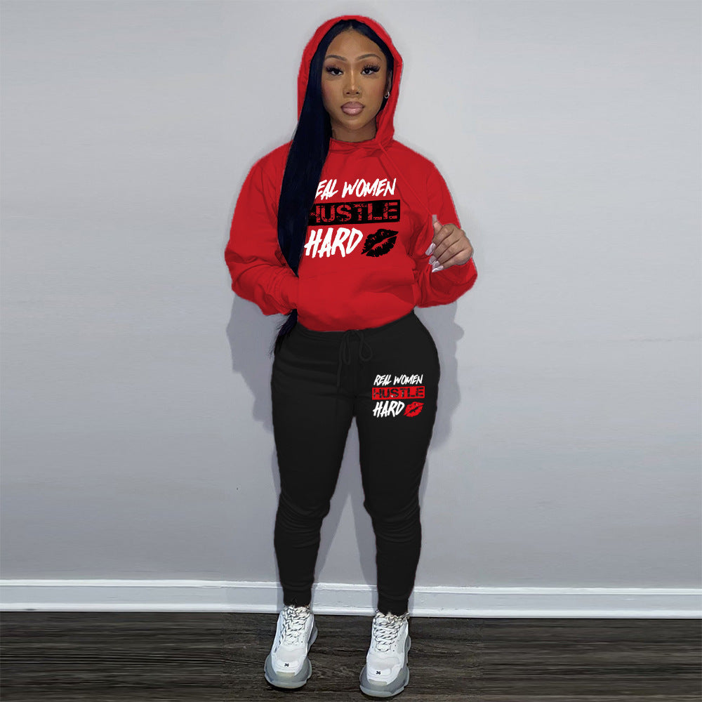 Plus Velvet Hoodie Casual Printed Sports Suit - Red Black / S