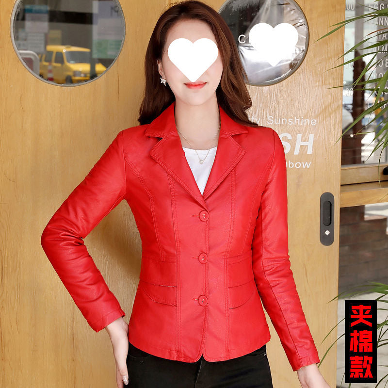 Leather Coat Women Fall Short Western Style All-matching Women - Red Quilted / M