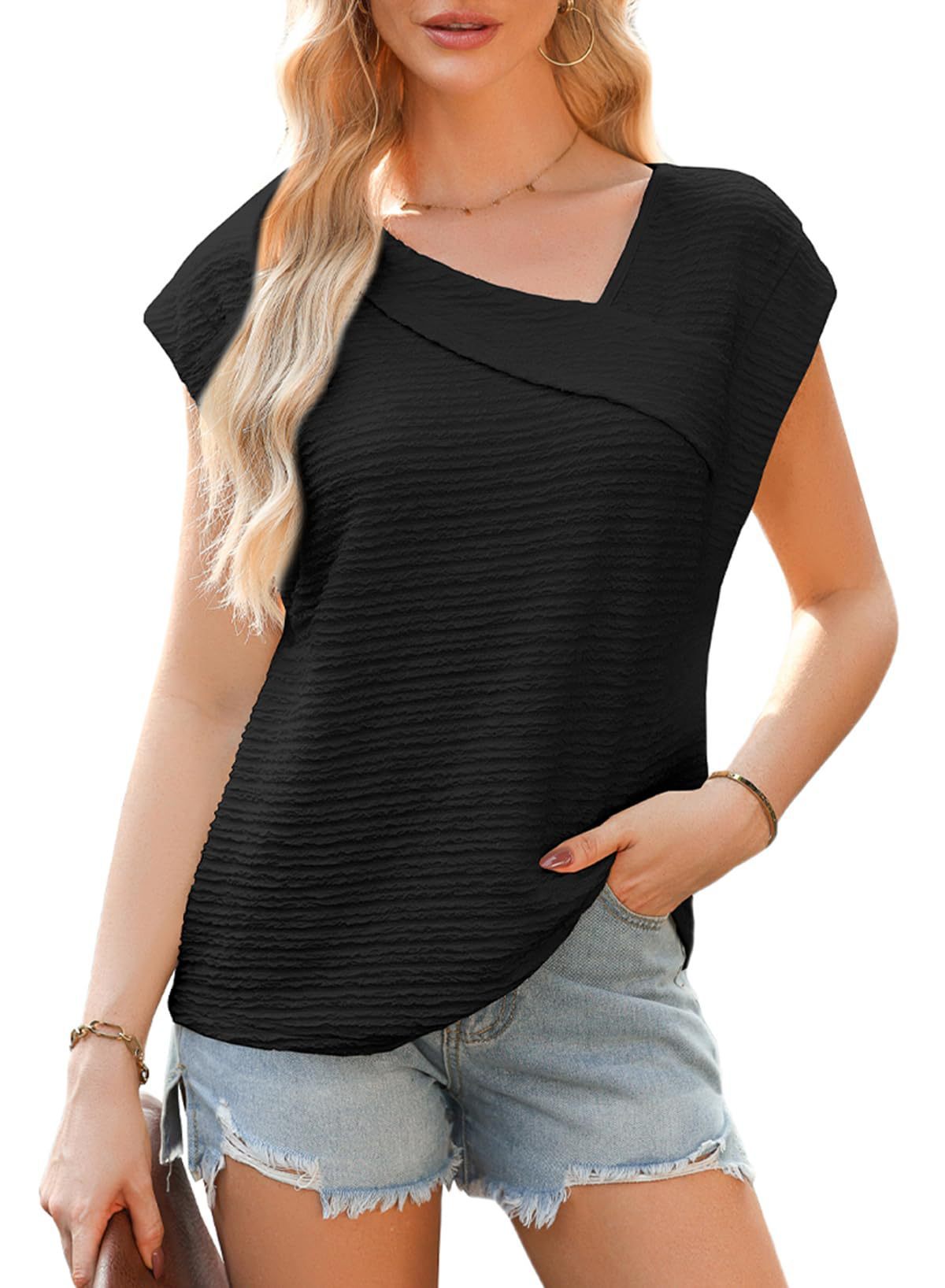 Women’s Diagonal Collar Fashion Casual Short Sleeve Fashion T-shirt - Black / S