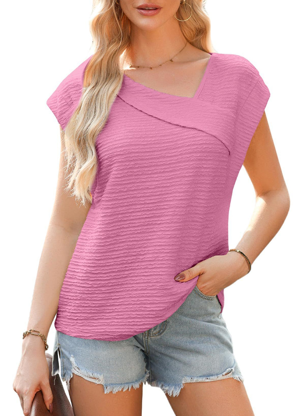 Women’s Diagonal Collar Fashion Casual Short Sleeve Fashion T-shirt - Pink / S