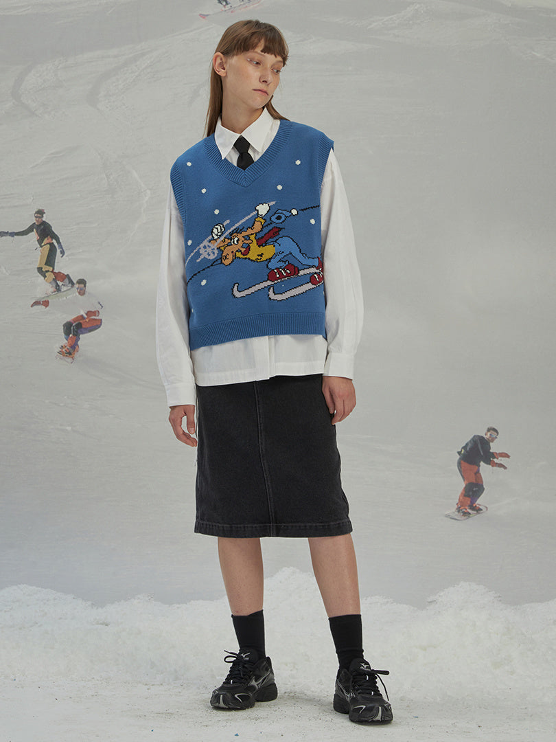 Knit Ski Sleeveless Sweater Vest - Blue / S