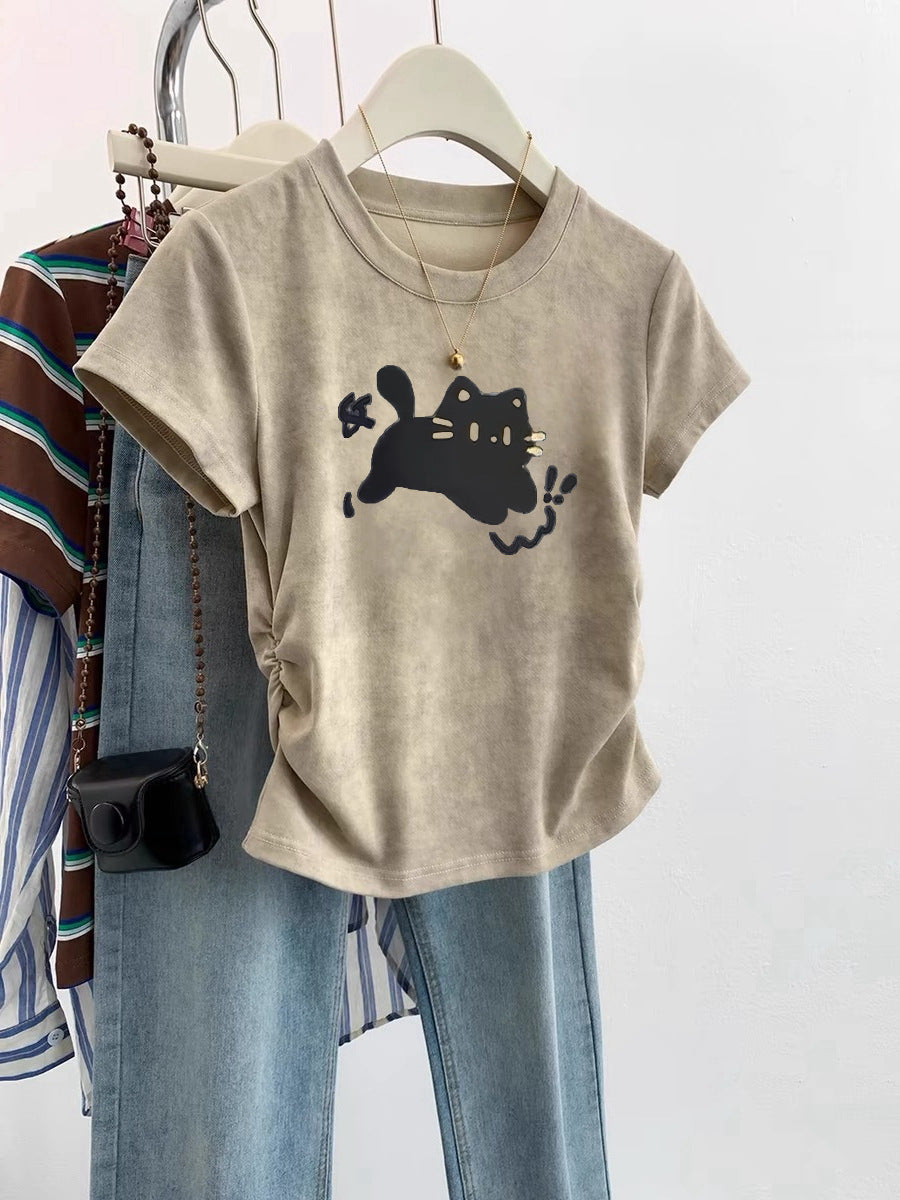 European Cargo Shoulder Tie-dyed Short-sleeved T-shirt For Women - Khaki 04 Cat / S