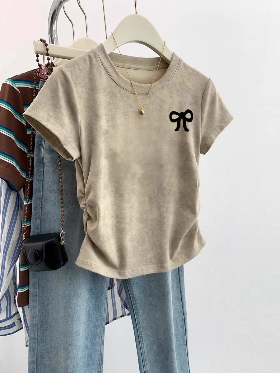 European Cargo Shoulder Tie-dyed Short-sleeved T-shirt For Women - Khaki 19 Bow / S