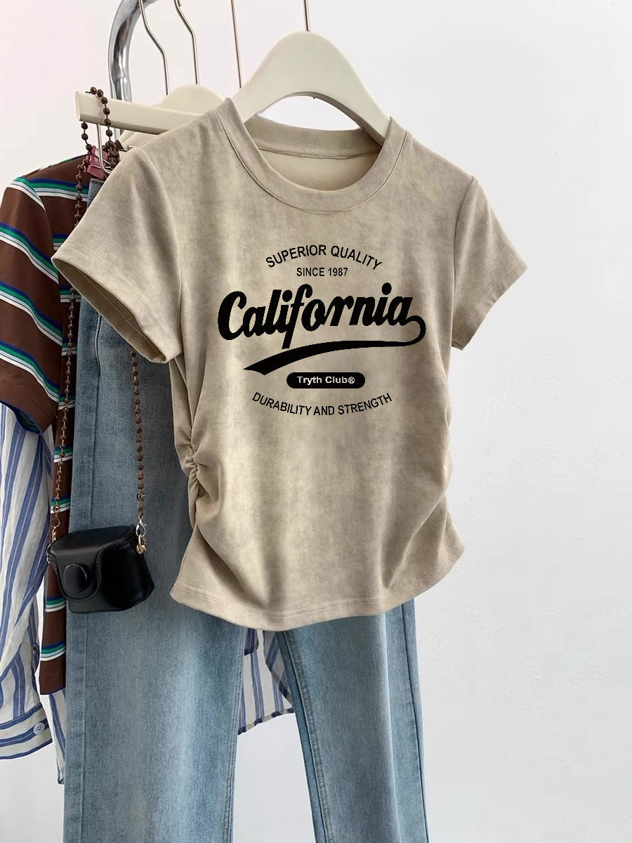 European Cargo Shoulder Tie-dyed Short-sleeved T-shirt For Women - Khaki 1987 / S