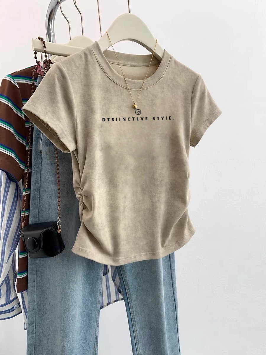 European Cargo Shoulder Tie-dyed Short-sleeved T-shirt For Women - Khaki DTS Letters / S