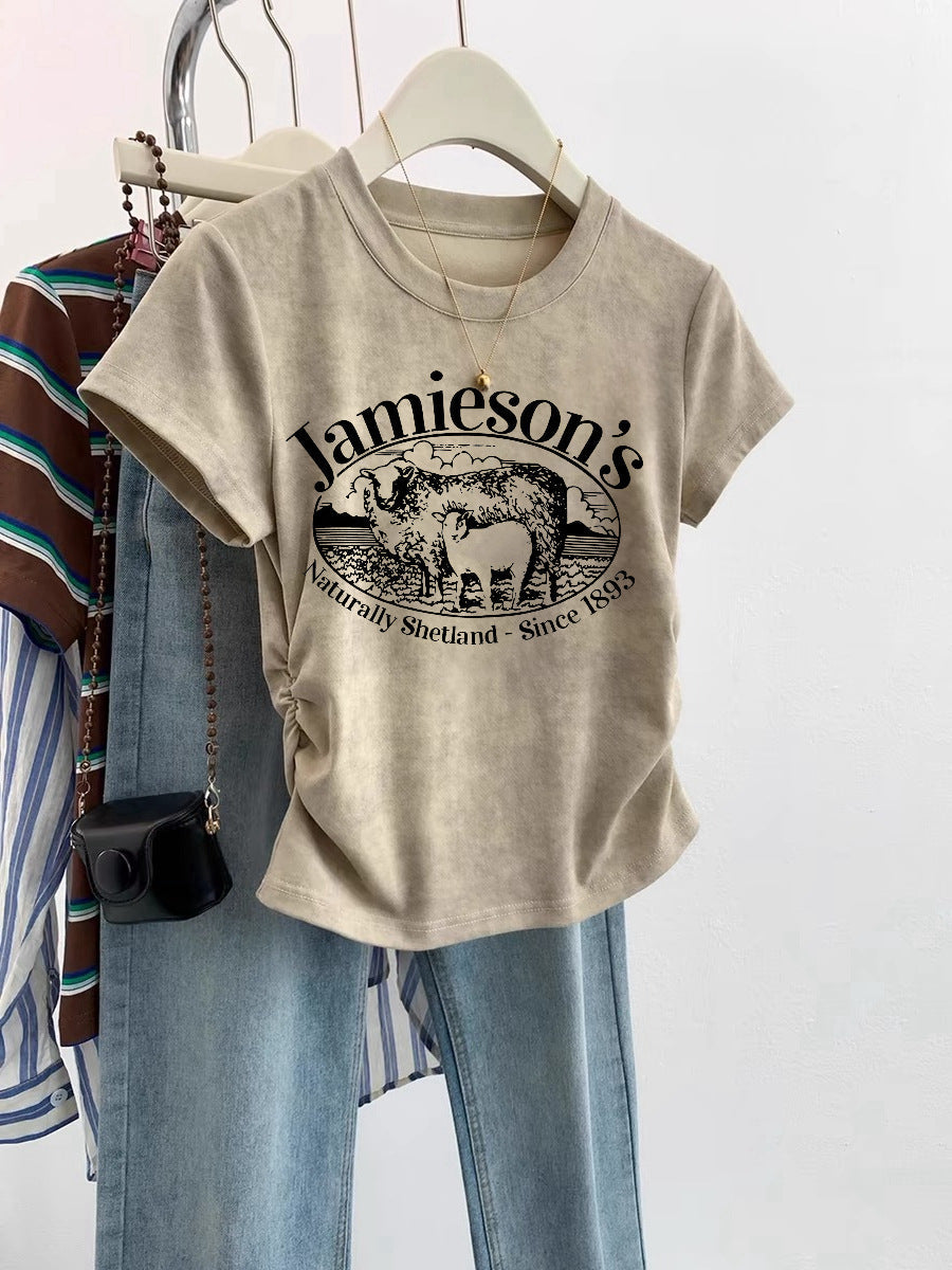 European Cargo Shoulder Tie-dyed Short-sleeved T-shirt For Women - Khaki Jimy / S