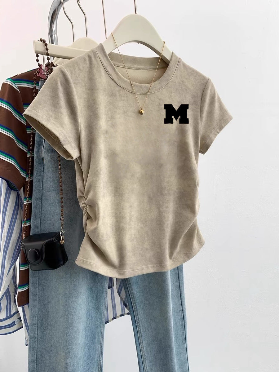 European Cargo Shoulder Tie-dyed Short-sleeved T-shirt For Women - Khaki M Letters / S