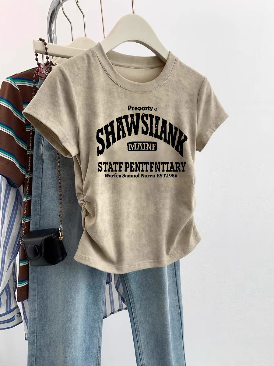 European Cargo Shoulder Tie-dyed Short-sleeved T-shirt For Women - Khaki SHA Letters / S