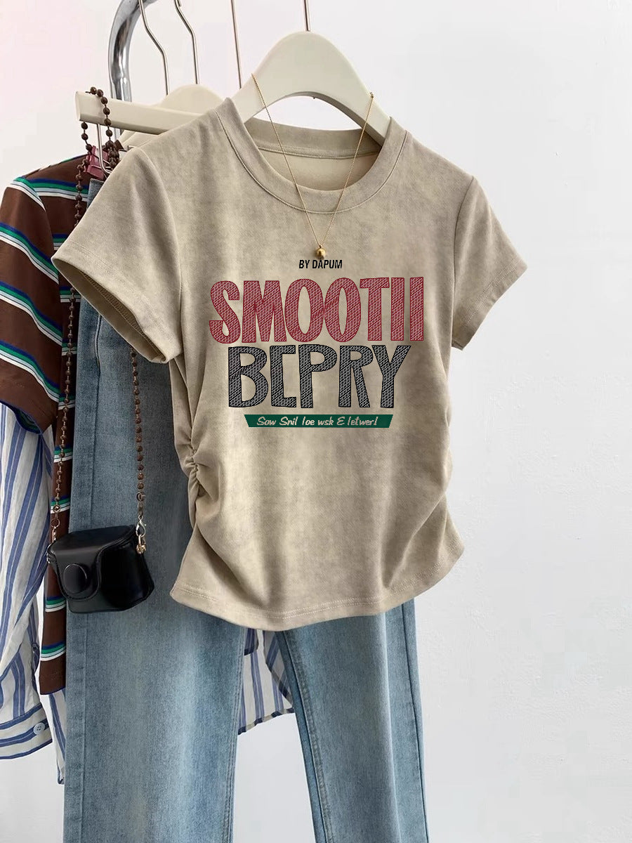 European Cargo Shoulder Tie-dyed Short-sleeved T-shirt For Women - Khaki SMO Letters / S