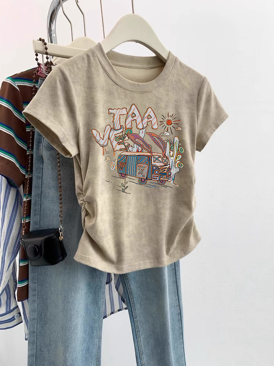 European Cargo Shoulder Tie-dyed Short-sleeved T-shirt For Women - Khaki TAA / S
