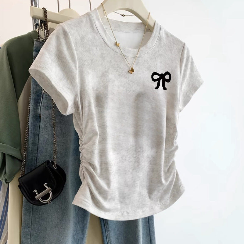 European Cargo Shoulder Tie-dyed Short-sleeved T-shirt For Women - White 19 Bow / S