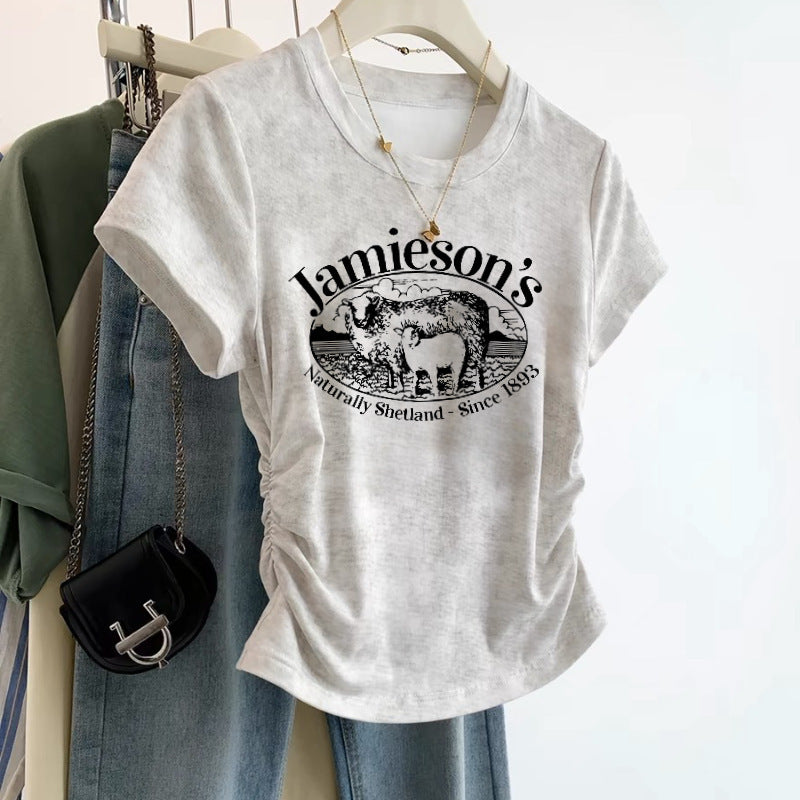 European Cargo Shoulder Tie-dyed Short-sleeved T-shirt For Women - White Jimy / S