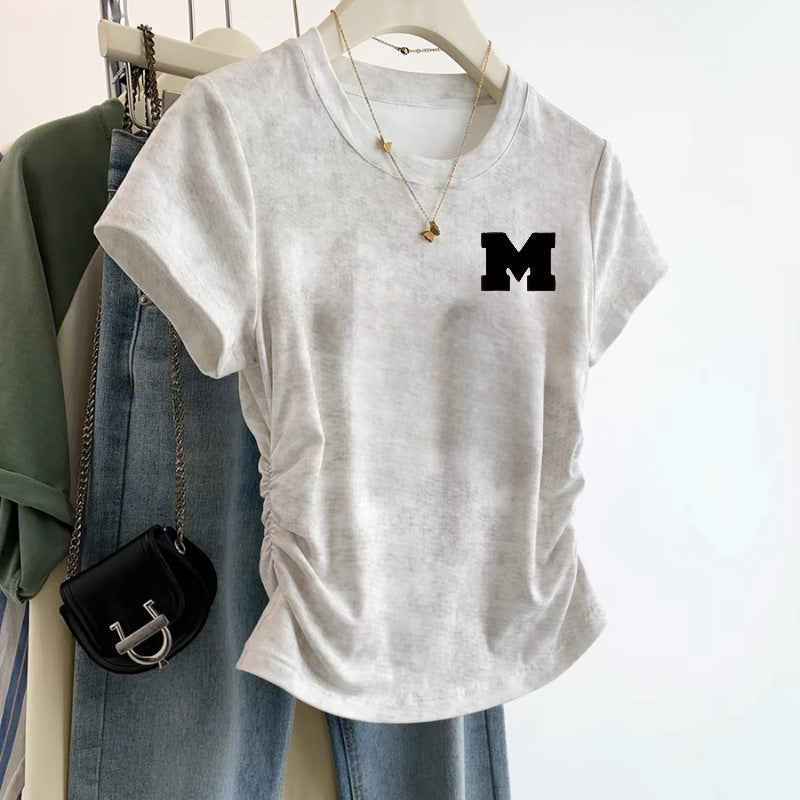 European Cargo Shoulder Tie-dyed Short-sleeved T-shirt For Women - White M Letters / S