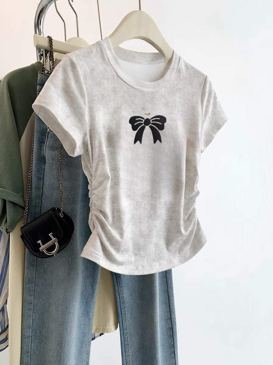 European Cargo Shoulder Tie-dyed Short-sleeved T-shirt For Women - White Small Bowknot / S