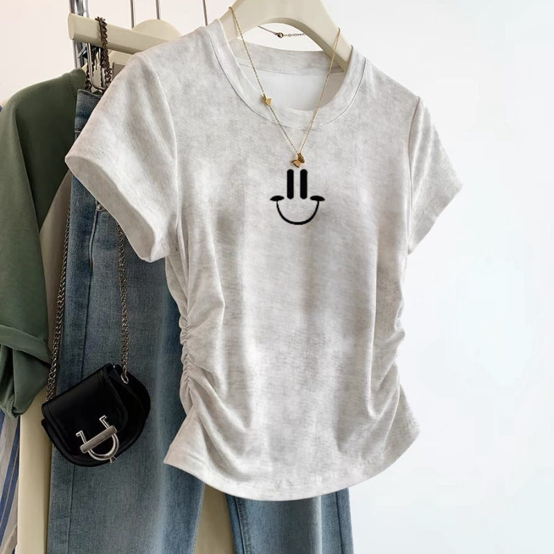 European Cargo Shoulder Tie-dyed Short-sleeved T-shirt For Women - White Smiling Face / S