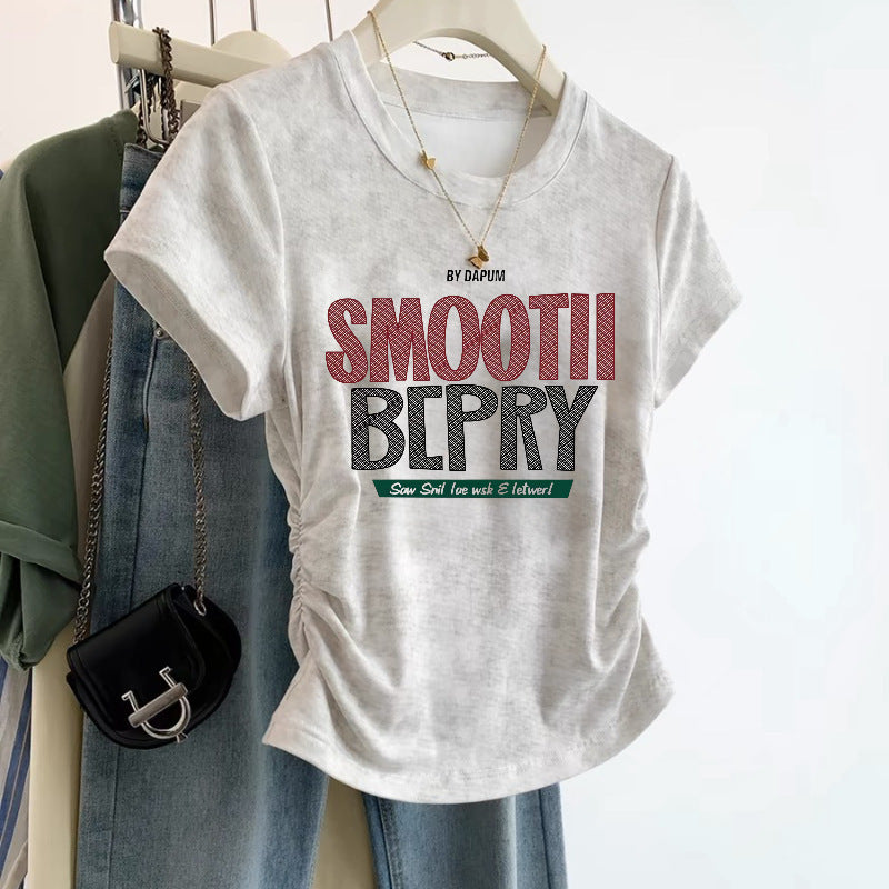 European Cargo Shoulder Tie-dyed Short-sleeved T-shirt For Women - White SMO Letters / S