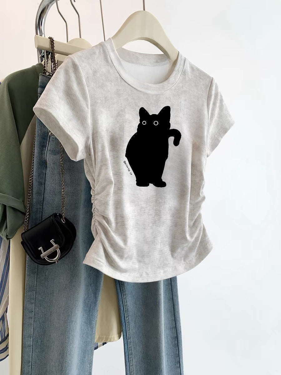 European Cargo Shoulder Tie-dyed Short-sleeved T-shirt For Women - White Standing Cat / S