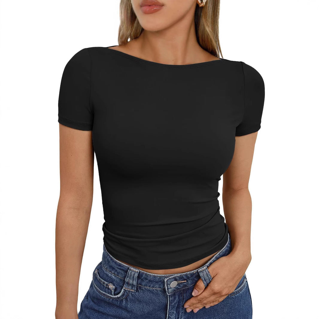 Round Neck Short Sleeve Slim Fit Hot Girl Going Out Tops - Black / S