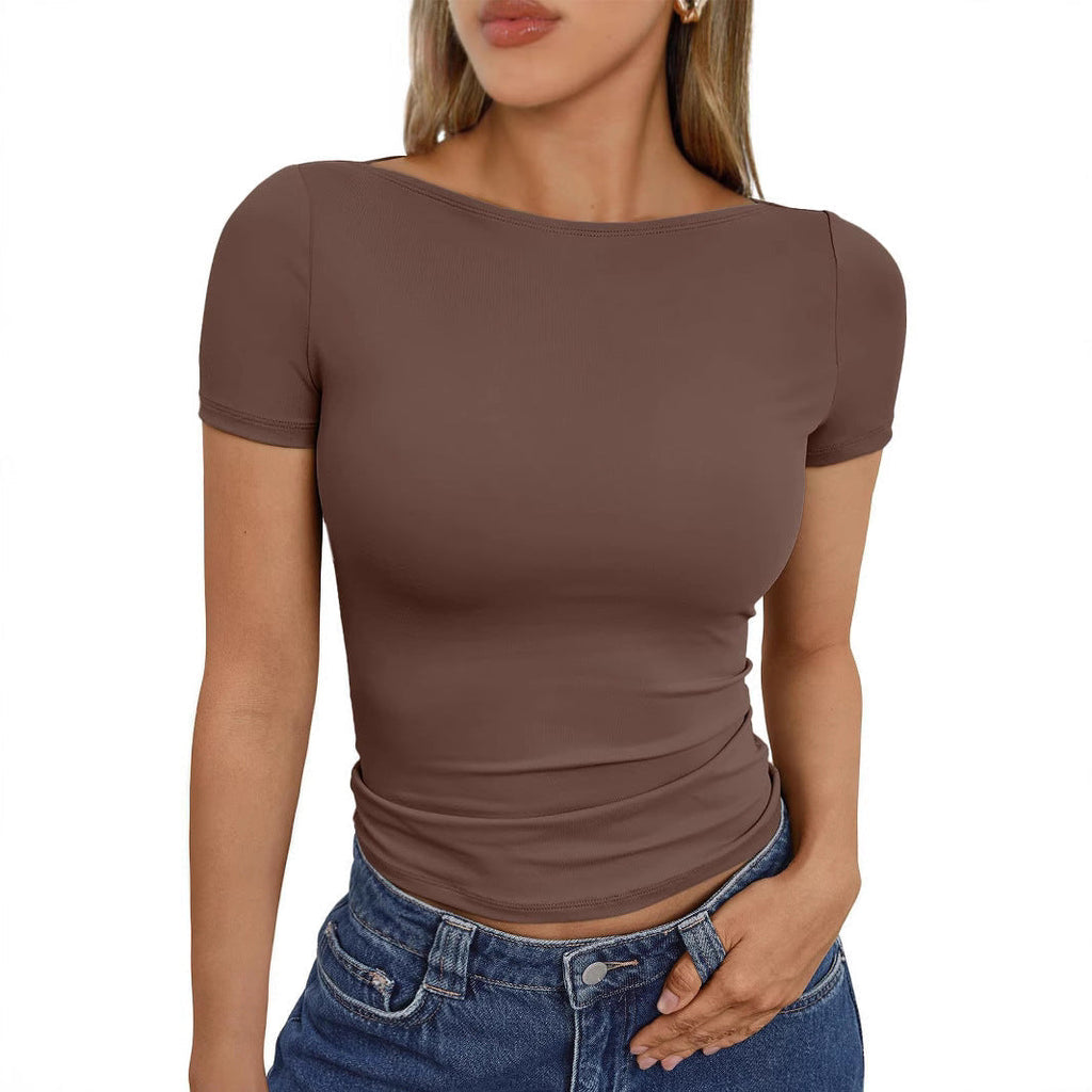 Round Neck Short Sleeve Slim Fit Hot Girl Going Out Tops - Dark Brown / S