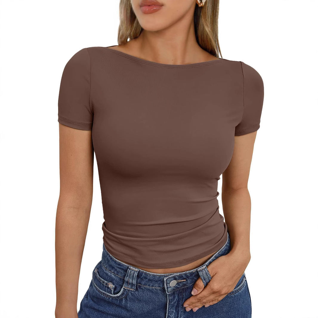 Round Neck Short Sleeve Slim Fit Hot Girl Going Out Tops - Dark Brown / S