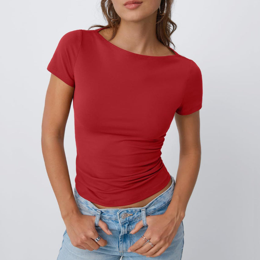 Round Neck Short Sleeve Slim Fit Hot Girl Going Out Tops - Red / S