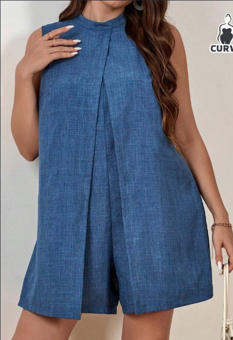 Plus Size Solid Color Sleeveless Jumpsuit With Round Neck For Summer - 4