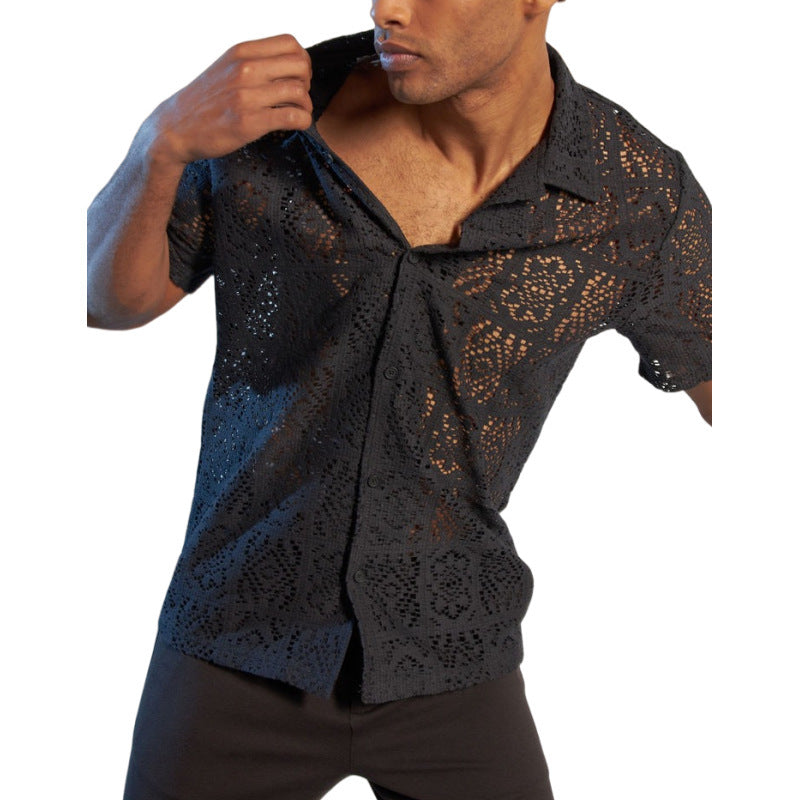 Cross Border Mesh Hollow Out Shirt - Black / S
