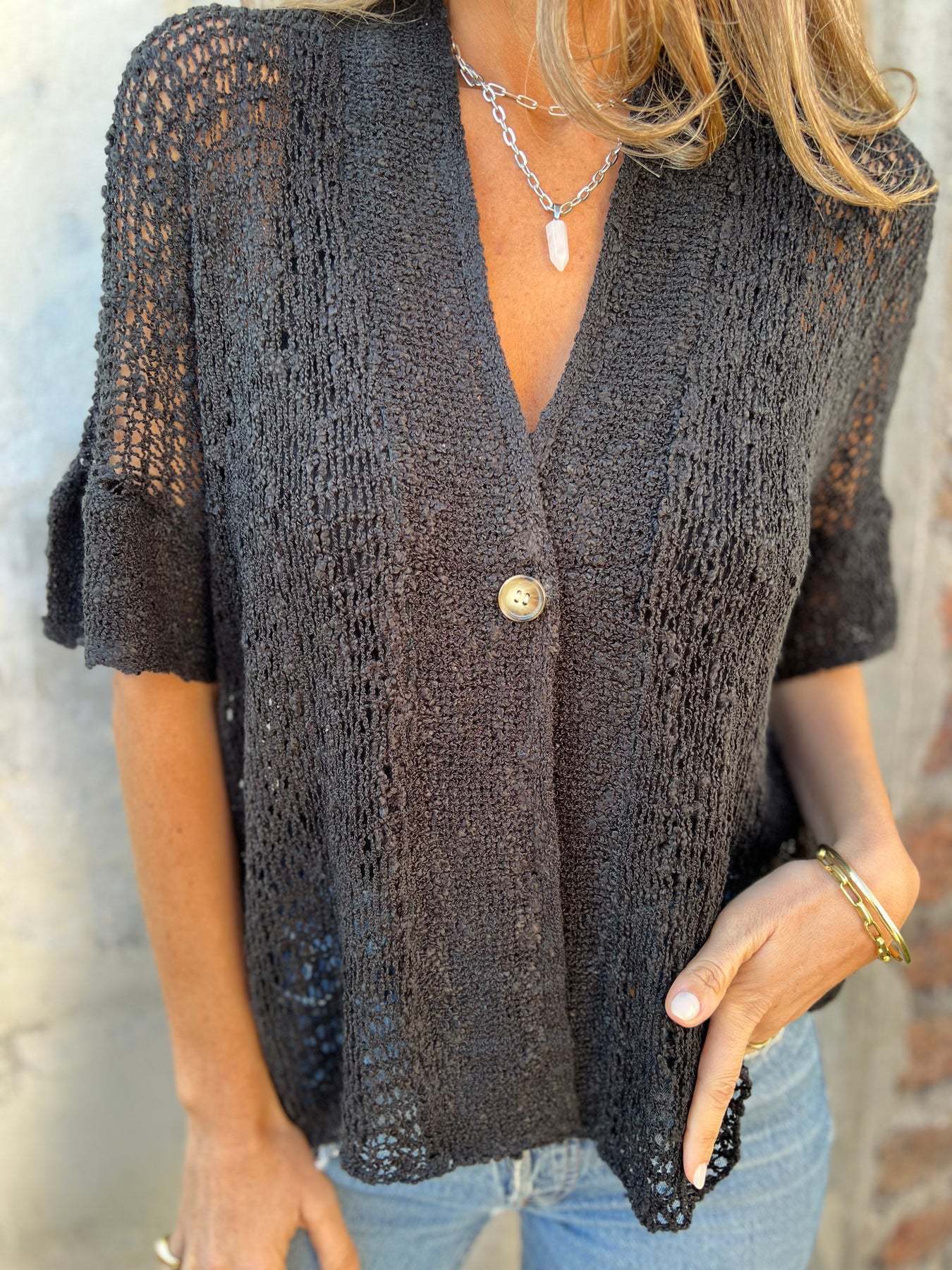 One Button Half Sleeve Hollow Out Knitted Cardigan Top - Black / 2XL