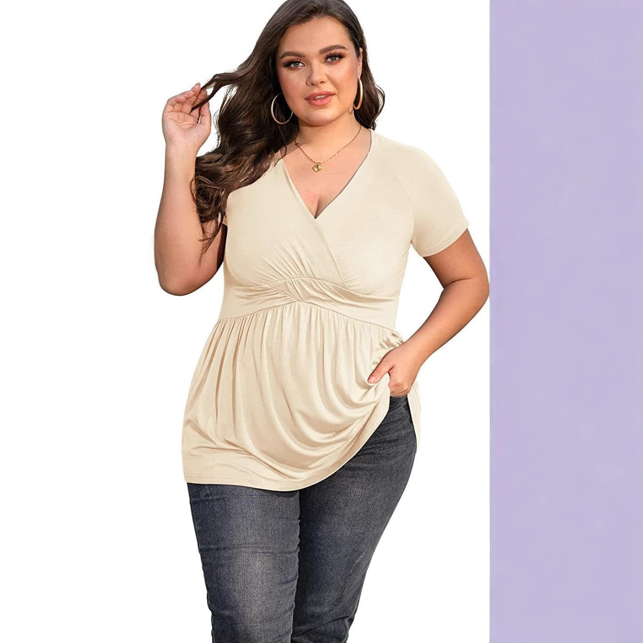Women’s Plus Size T-shirt V-neck Top - Apricot / L