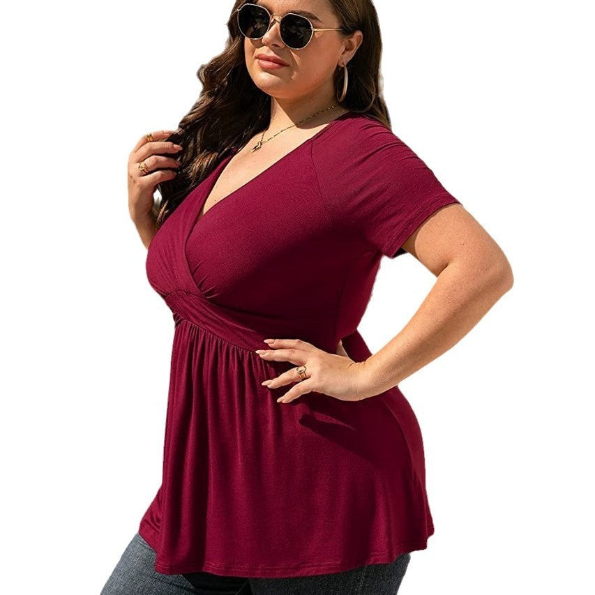Women’s Plus Size T-shirt V-neck Top - Wine Red / L