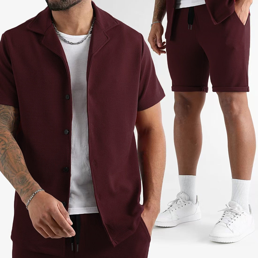 Daily Casual Short Sleeve Cardigan Shirt Men’s Suit Solid Color Summer