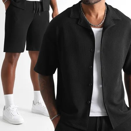 Daily Casual Short Sleeve Cardigan Shirt Men’s Suit Solid Color Summer - Black / S