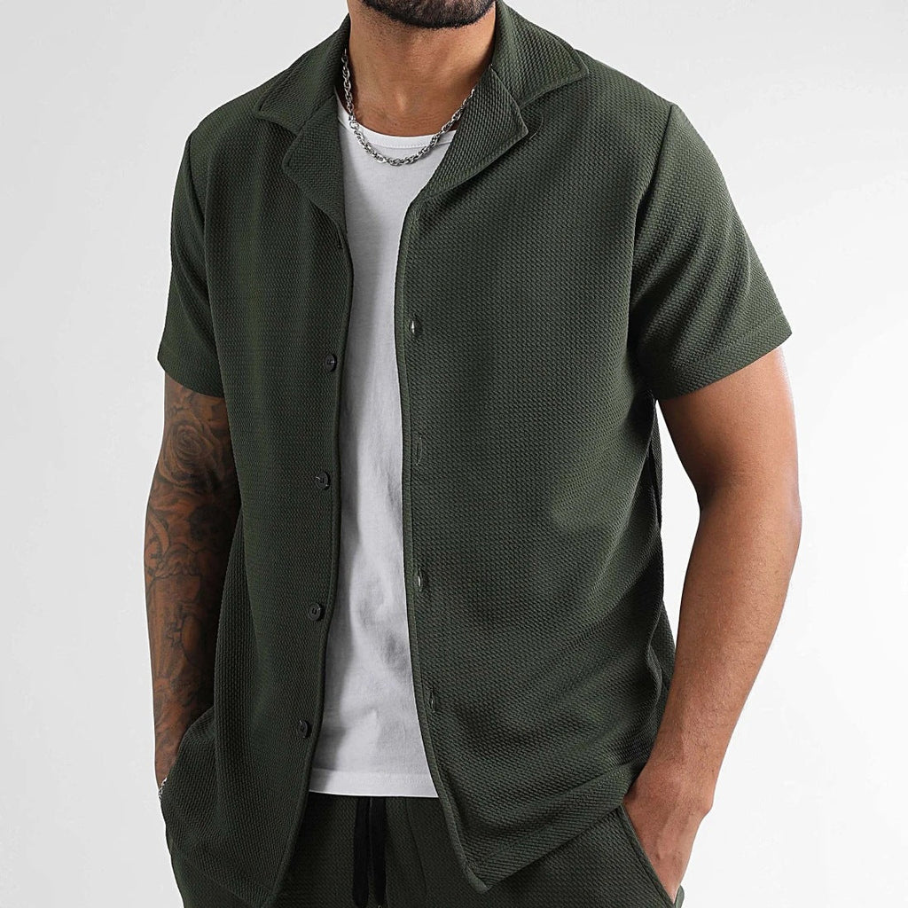 Daily Casual Short Sleeve Cardigan Shirt Men’s Suit Solid Color Summer - Dark Green / S