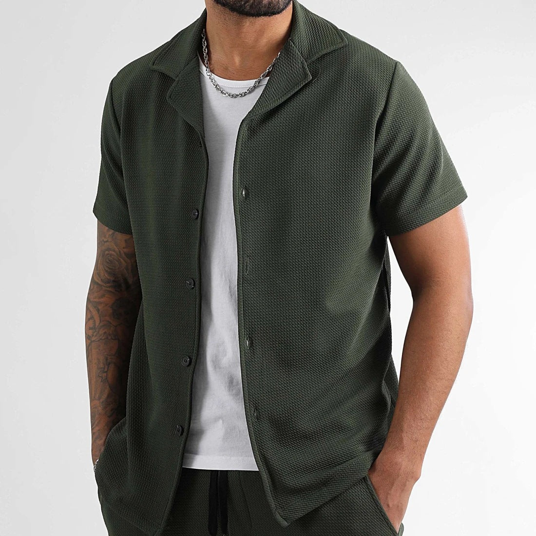 Daily Casual Short Sleeve Cardigan Shirt Men’s Suit Solid Color Summer - Dark Green / S