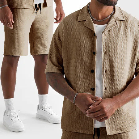 Daily Casual Short Sleeve Cardigan Shirt Men’s Suit Solid Color Summer - Khaki / S